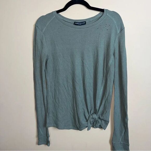 Generation Love Army Green Distressed Dylan Tie Front Waffle Knit L/S Tee XS - Picture 1 of 6
